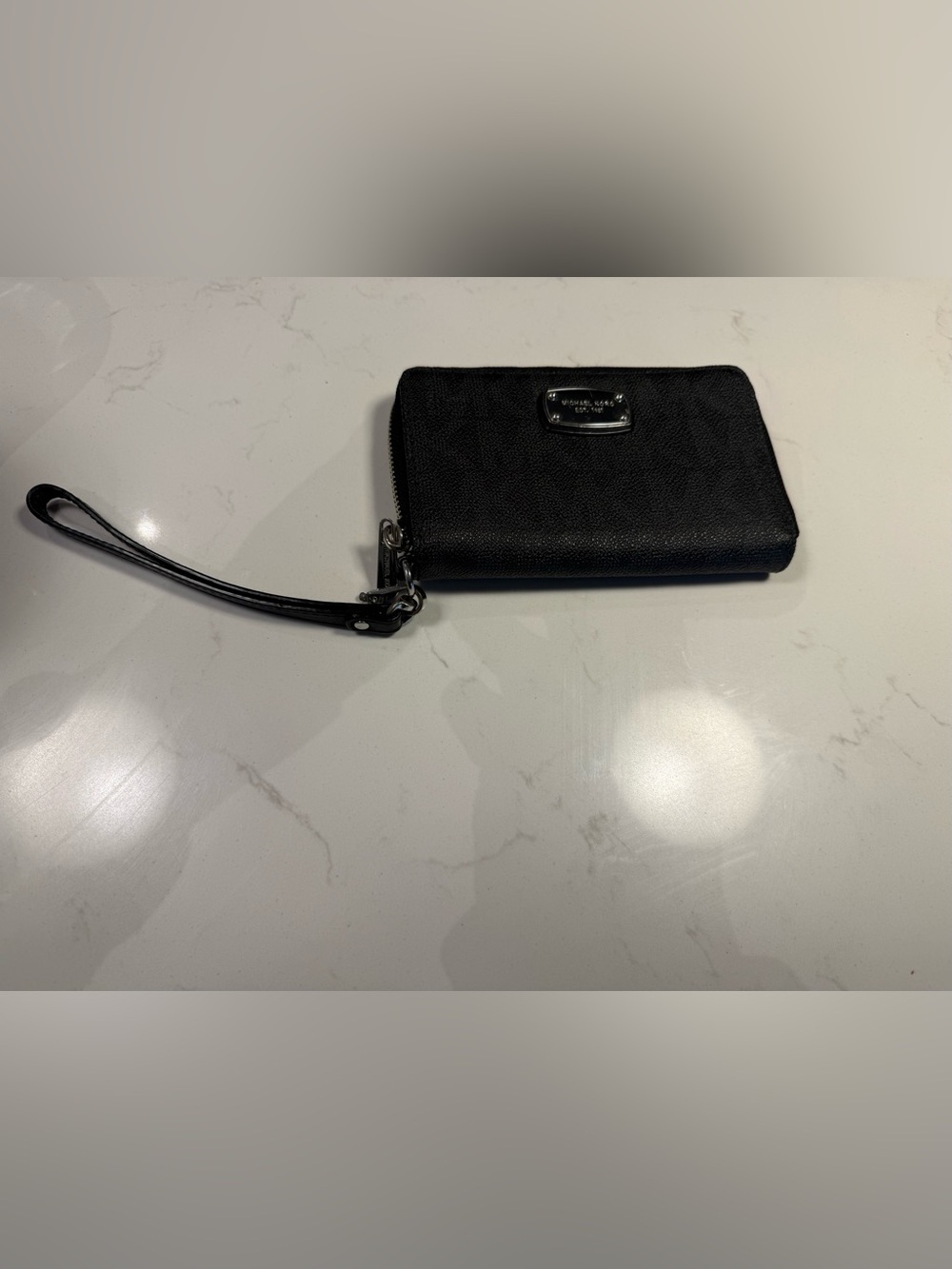 Michael Kors Black Leather Zip Wristlet with Silver Hardware